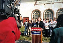 thornburgh campaigining at his former school house at rosslyn farms 
