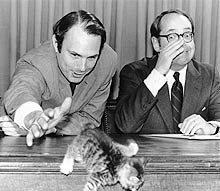 kitten falling at be kind to animals week proclaimation signing, 1983 