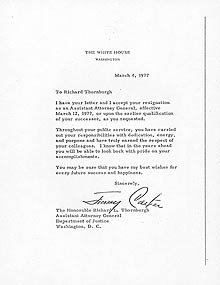 ACCEPTANCE OF Resignation, Letter FROM pRESIDENT CARTER, 1977 